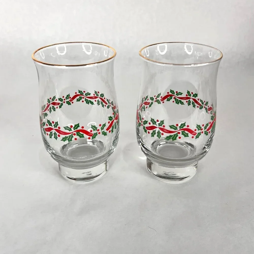 4 Libbey Christmas Holly Berry Glass Red Ribbon Tumbler Tulip Gold Rim 14 OZ VTG